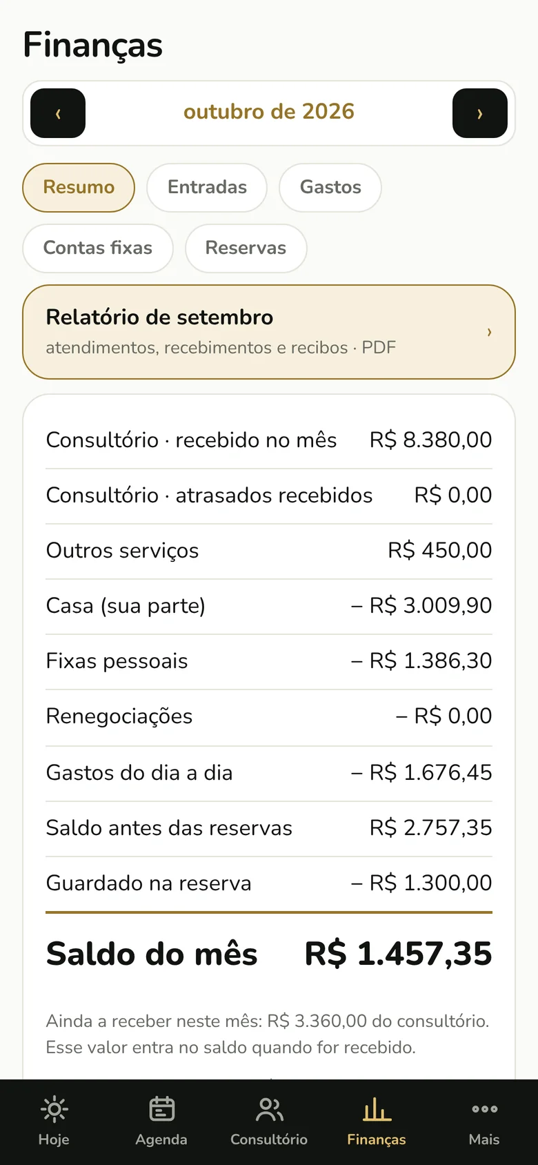 Resumo das finanças de outubro com o saldo do mês.